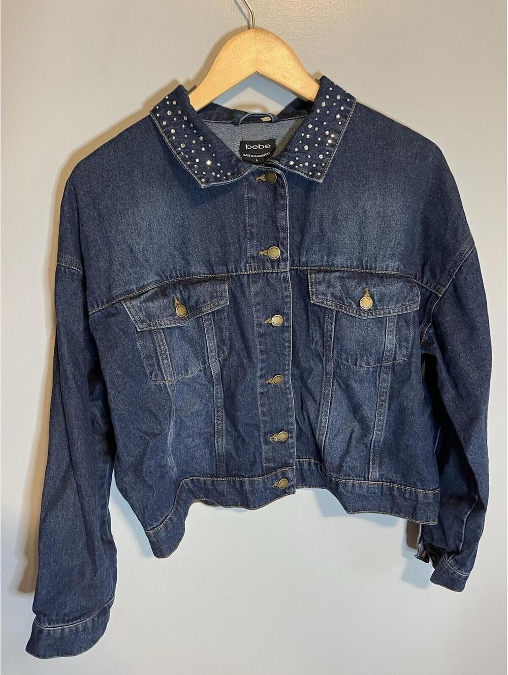 BEBE Women's Denim Long Sleeve Blue Jean Jacket Size Large Dark Wash Rhinestones